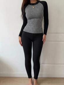 DAZY Kontrasterande färg Raglanärm Figursydd långärmad T-shirt & långbyxor set, dam pyjamasset, underkläder - Grå - Visa 1
