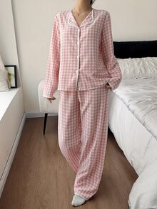 Napfluff Pink & White Plaid Trim Contrast Collar Long Sleeve Pants Pajama Set For Women - Pink - View 2