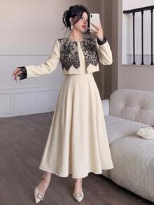 Modelyn Elegant Lace Patchwork Short Jacket & Sleeveless Dress Set - Black and Apricot - View 4