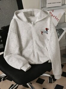 Sparklyn 秋冬女童連帽拉鍊夾克－街頭風混搭，正反面動物圖案印花針織布料，適合秋冬，微鬆版型適應成長，完美適合校園與街頭穿搭，瞬間變身活力女孩！ - 淺灰色 - 查看 2