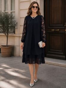 EMERY ROSE 優雅對比蕾絲長袖百褶設計洋裝，適合中老年女性 - 黑色 - 查看 5