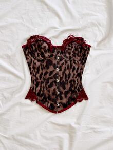 Soleia Atasan Bustier Wanita Motif Leopard dengan Kancing Depan dan Renda Kontras - Coffee Brown - View 3