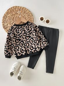 SHEIN 女嬰針織豹紋寬鬆休閒極簡舒適圓領套頭衛衣與長褲2件套 - 彩色 - 查看 3