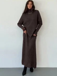 Aloruh Burgundy Knitted 2pcs Set New Autumn - Coffee Brown - View 6