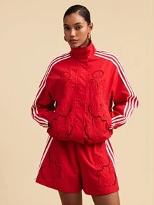 Travachic Women's Fashion Embroidered Hollow Long Sleeve Jacket And Striped Colorblock Shorts 2 Pieces Set - Red - View 5