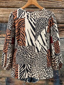 Linhara Plus Size Vacation Leopard & Zebra Print Patchwork Colorblock Top - Multicolor - View 2