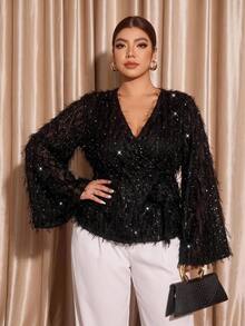 Cravure Plus Size Women's Fashion Elegant Best Friend Party Lace Asymmetric Hem Simple Inner Layer Long Sleeve Top - Black - View 5