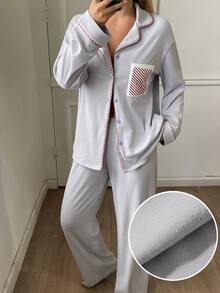 DAZY Women's Colorblock Long Sleeve Top And Pants Casual Daily Home Sleepwear Set - Light Grey - View 5