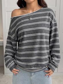 SHEIN EZwear 女款韓式不對稱肩條紋拼接配色長袖運動衫 - 彩色 - 查看 3