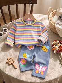 SHEIN 新生兒條紋長袖上衣與長褲休閒日常套裝 - 彩色 - 查看 3