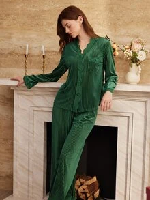 Moireta Women's Minimalist Elegant Glossy Velvet Long Sleeve Pants Pajama Set - Dark Green - View 6