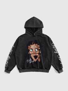 Betty Boop | ROMWE IP Collaboration Betty Vintage Street Style Large Graphic Print Snow-Wash Fabric Plus Size Loose Fit Sweatshirt Pullover - Black - View 1