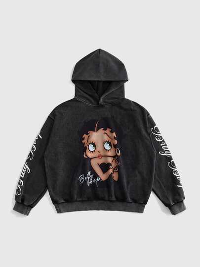Betty Boop | ROMWE IP Collaboration Betty Vintage Street Style Large Graphic Print Snow-Wash Fabric Plus Size Loose Fit Sweatshirt Pullover