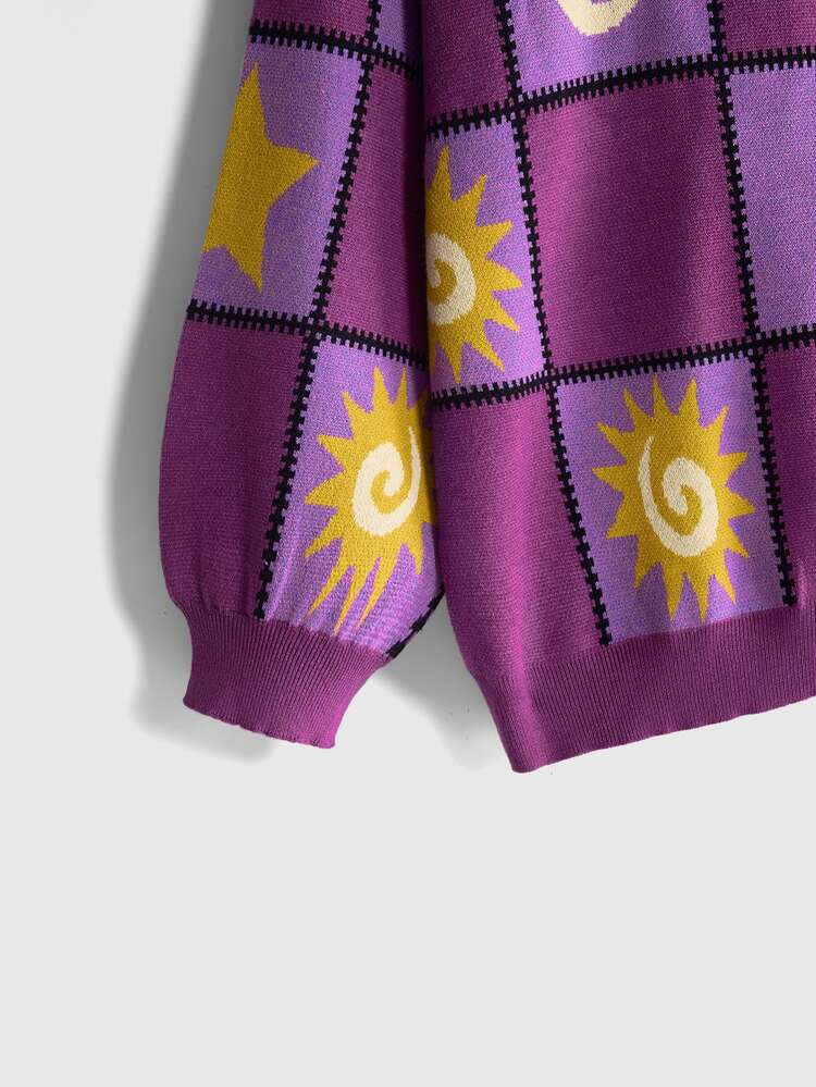 ROMWE Hippie 復古嬉皮女巫星月圖案 神秘紫色寬鬆版型百搭大尺碼女款套頭毛衣 秋冬文藝復興節&Ren - 紫色 - 查看 3
