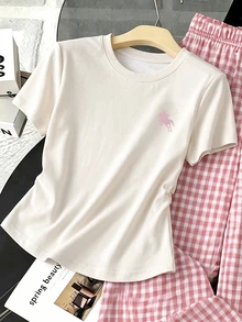 復古時尚熱門迷你 Logo 圖案，休閒條紋長褲，青少年女孩簡約休閒時尚修身腰縮褶 T-shirt 上衣與寬鬆長褲 2 件套，適合休閒春/夏日常穿著、街頭風、外出、度假、返校 - 白色 - 查看 4