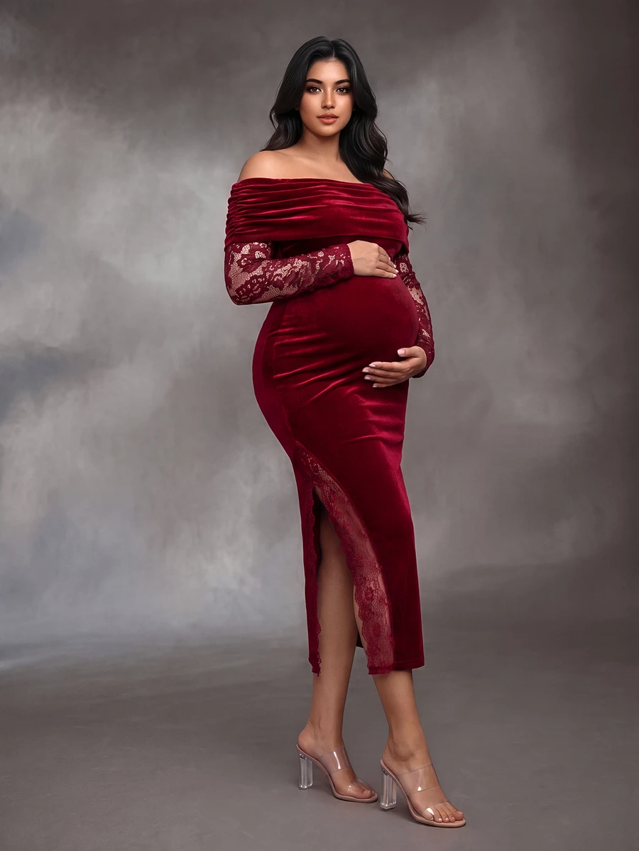 SHEIN Burgundy Velvet Contrast Lace Long Sleeve Plus Size Maternity Evening Gown, Cold Shoulder, High Slit Sheer Lace Elements, Suitable For Evening Party, Cocktail Or Wedding - Burgundy - View 1