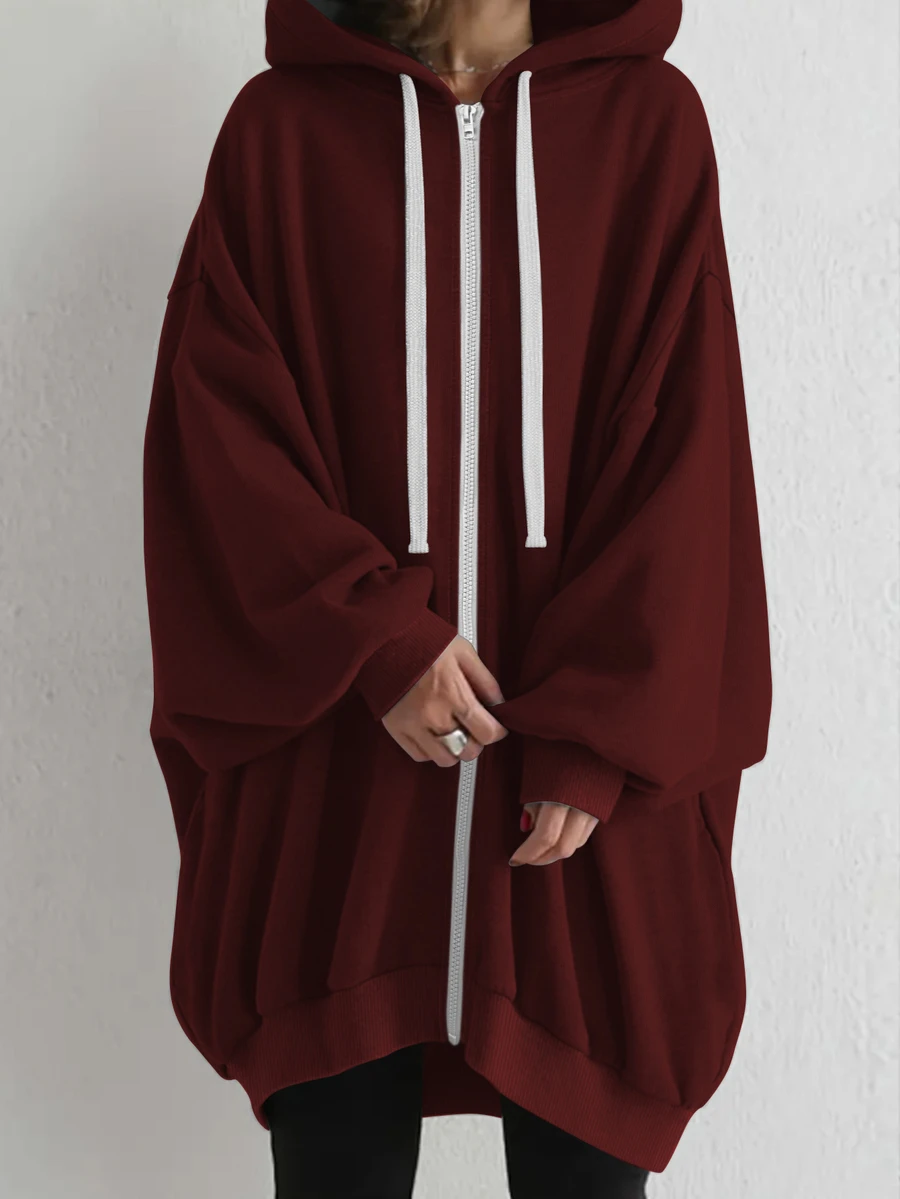 INAWLY Plus Size Front Zip Batwing Sleeve Sweatshirt Winter - Burgundy - View 1