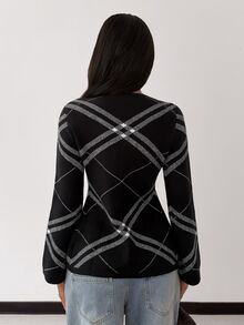 Glamine Women's Striped Long Sleeve Single-Breasted Casual Knit Cardigan - Black and White - View 2