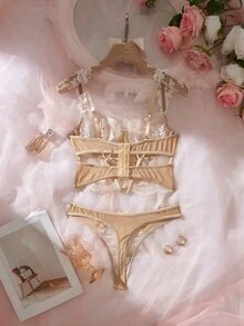SHEIN 性感透視刺繡兩件套 - 杏色 - 查看 2