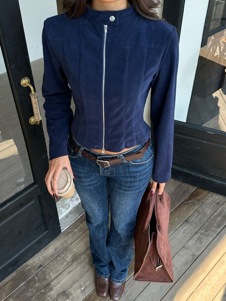 FavEase Women's Autumn Minimalist Slim Fit Street Style Stand Collar Long Sleeve Jacket - Navy Blue - View 1