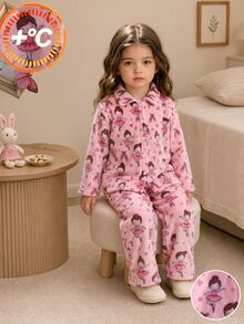 Girls Pink Fleece Bow & Heart Pattern Lapel Front Button Long Sleeve Pants Pajama Set - Multicolor - View 4