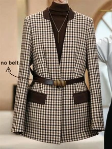 SHEIN Clasi Blazer Kasual Wanita Lengan Panjang Motif Houndstooth dengan Satu Kancing - MultiWarna - View 3