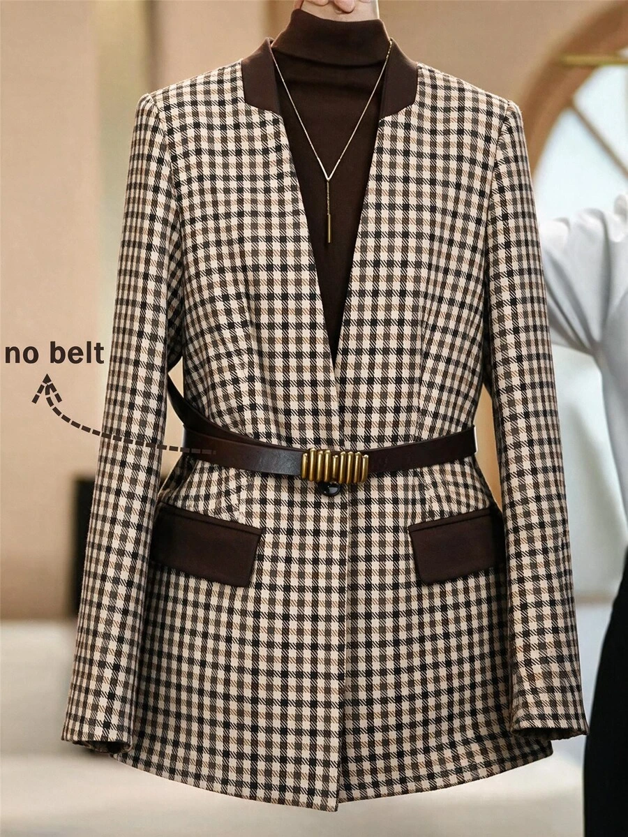 SHEIN Clasi Women's Houndstooth Long Sleeve Single Button Casual Blazer - Multicolor - View 1
