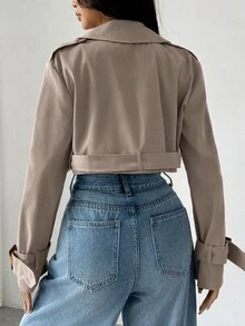 SHEIN EZwear 女款缺口領鈕扣前襟長袖短款風衣，適合秋冬日常休閒穿著 - 卡其色 - 查看 2
