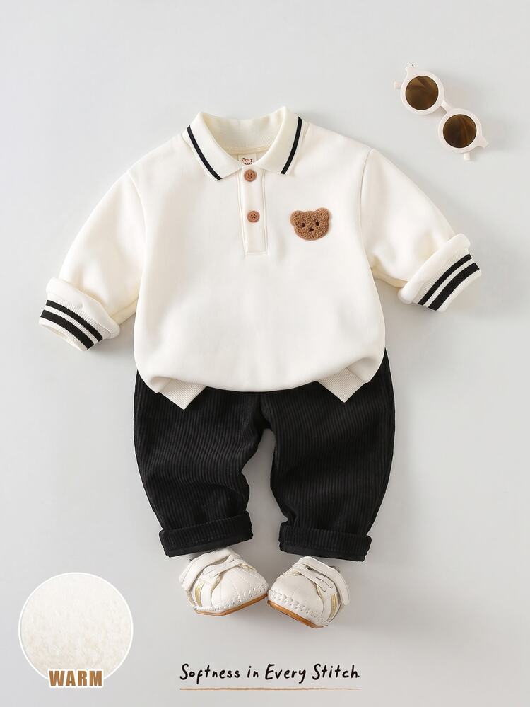 Cozy Pixies Kids Kids Newborn Bear Pattern Contrast Color Polo Collar Long Sleeve Sweatshirt And Pants Set Baby Autumn And Winter - Black - View 1