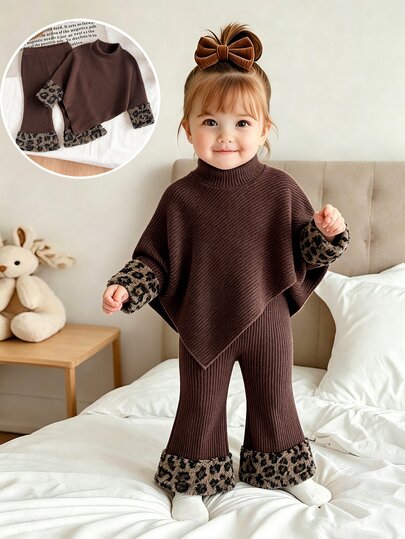 SHEIN Playful Pals Baby Girl Knit Outfit Set Asymmetric High Neck Top & Fuzzy Leopard Print Flared Pants 2pcs Autumn Winter Clothes