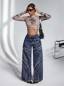 SHEIN PETITE Women's Frayed Hem Casual Versatile Everyday Jeans - Blue - View 5