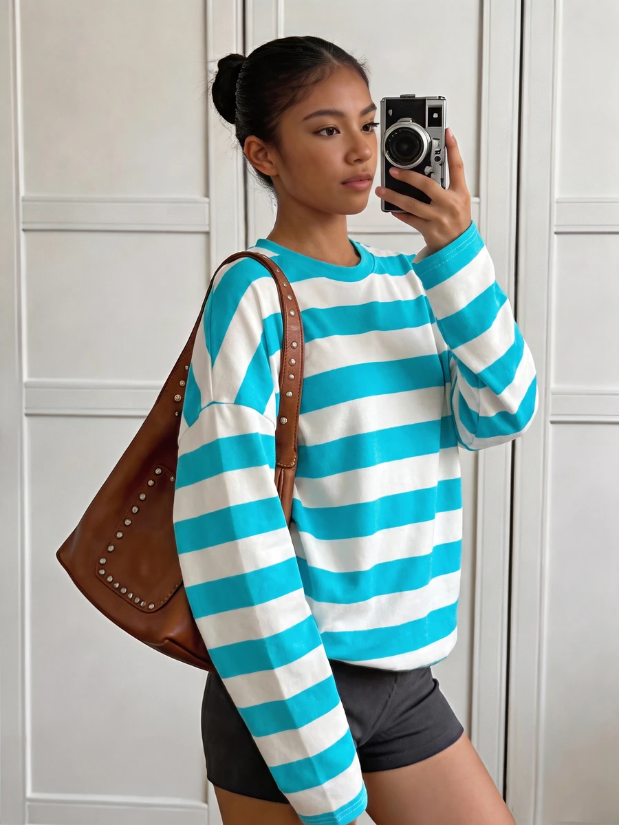 SHEIN Girls' Colorblock Horizontal Striped Long Sleeve T-Shirt, Pink, Coffee, Apricot Three-Color Patchwork Crew Neck Drop Shoulder Loose Oversized Lazy Pullover Top, Preppy Style Spring/Autumn Daily Casual Outing Base Layer T-Shirt - Blue - View 1