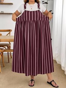 SHEIN CURVE+ 大尺碼女款條紋百褶休閒日常夏季細肩帶洋裝 - 彩色 - 查看 5