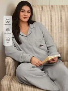 Doze Lane Autumn/Winter All Cotton Solid Color Embroidered Letter Pattern Patch Pocket Turn-Down Collar Front Button Long Sleeve Long Pants Women Plus Size Pajama Set - Grey - View 4