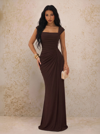 SHEIN PETITE Spring/Summer Women's Solid Brown Ruched Fishtail Hem Elegant Dress, Green Dress, Wedding Guest Dress, Birthday Dress