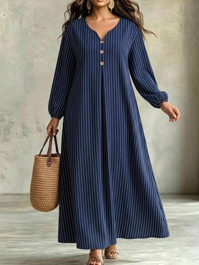 SHEIN LUNE Plus Size Women's Notch V-Neck Button Design Striped Casual ...