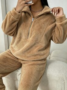 SHEIN LUNE CURVE Plus Size Casual Stand Collar Long Sleeve Metal Zipper Tapered Leg Pants Fleece Two Pieces Set Winter - Khaki - View 4