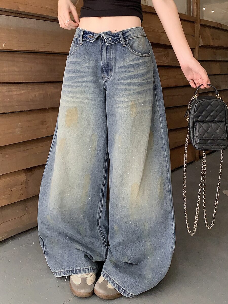 DAZY Women's Cuffed Design Splatter Print Straight Leg Street Casual Denim Jeans - Light Wash - View 1