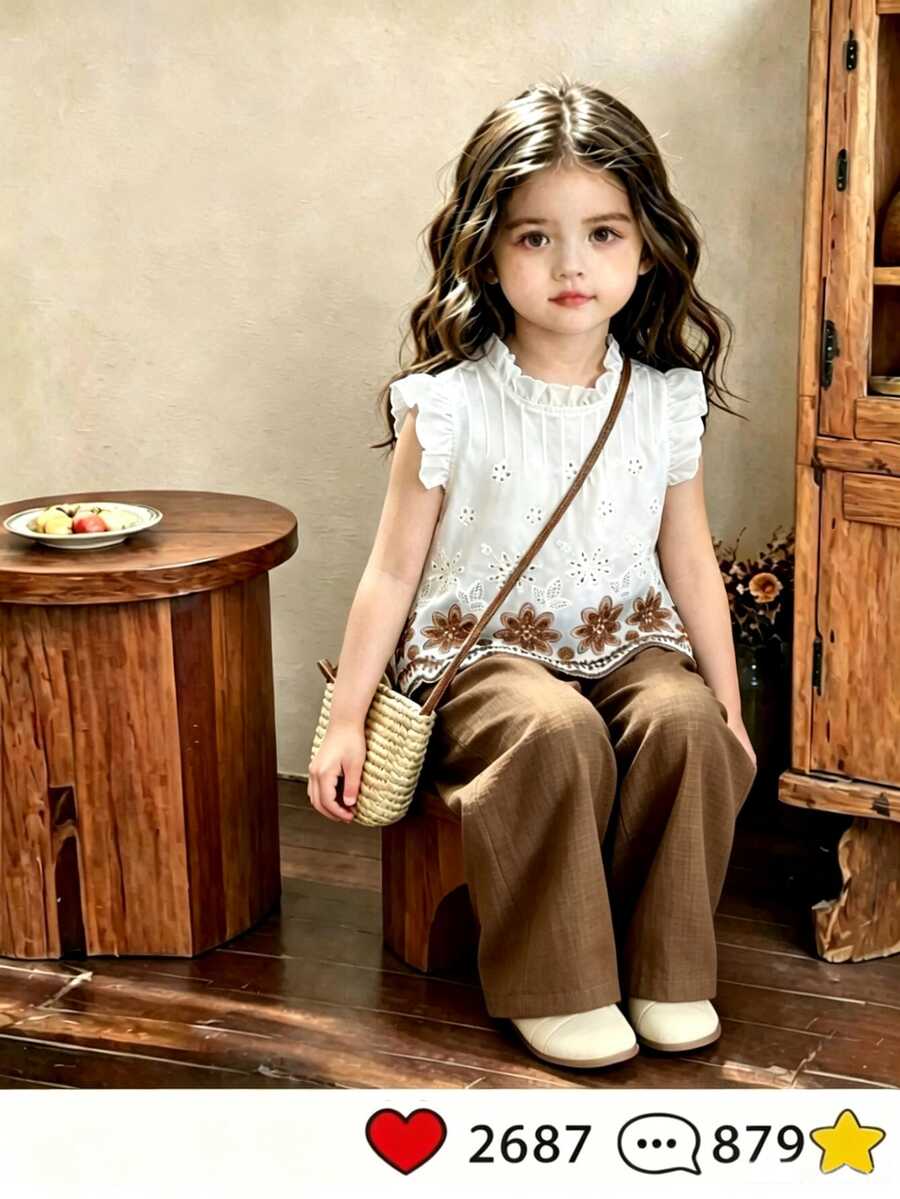 SHEIN Elladie kids 2件組女童夏季新款小圓領露背水滴藍蝴蝶結仿刺繡印花布料飛袖荷葉邊前綴蝴蝶結裝飾上衣休閒直筒短褲簡約復古時尚套裝 - 棕色 - 查看 1