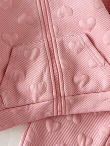 Cozy Pixies 女嬰女童心形層次感連帽短袖長袖夾克與鬆緊腰長褲2件套，適合秋冬，休閒時尚，百搭 - 粉色 - 查看 5