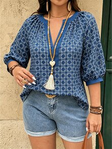 Linhara Fashionable Casual Vacation Vintage Elegant Commute 3/4 Sleeve Blue Printed Blouse - Blue - View 6