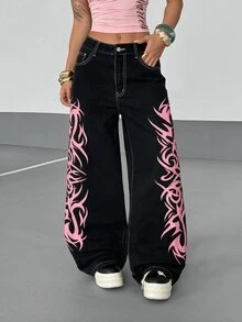 StreetHx Plus Size Letter Print Hip Hop Button Loose Fit Denim Jeans - Black - View 4