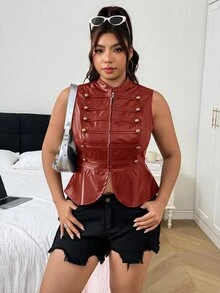 SHEIN EZwear Plus Size Casual Double-Breasted Zipper PU Jacket, Autumn/Winter - Red - View 8