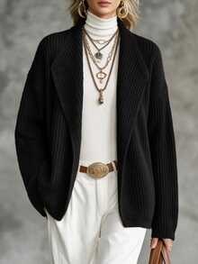 SHEIN Waterfall Collar Drop Shoulder Cardigan - Black - View 8