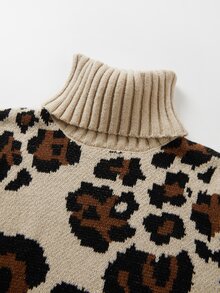 SHEIN Turtleneck Leopard Print Knit Dress, Women Long Sleeve Bodycon Midi Sweater Dress With Fringe Hem - Multicolor - View 6
