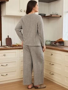 Doze Lane Plus Size Casual 3 Pieces Set Solid Color Comfortable Knit Camisole With Buttons Cardigan And Pants Autumn/Winter Home Sleepwear Grey Bridal - Khaki - View 2