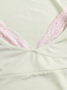 Sweetra 女款蕾絲飾邊V領長袖純色T恤與喇叭褲，秋季套裝，2件組 - 杏色 - 查看 5