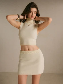 Poéselle Women's High Neck Streetwear Tank Top And Mini Skirt Knit Two Pieces Set,Street-Style Turtleneck Sweater Set-Perfect For An Autumn Or Winter - White - View 1