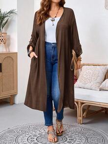 SHEIN Tall CURVE 大尺碼女款秋冬辦公室度假正式晚餐外穿長款開襟大衣，棕色秋季商務休閒寬鬆優雅 - 咖啡棕 - 查看 3