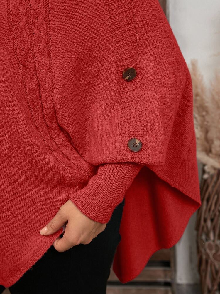 Linhara CURVE Women's Solid Color Knit Button High Neck Batwing Long Sleeve Cape Style Fitted Elegant Autumn/Winter Sweater - Red - View 6